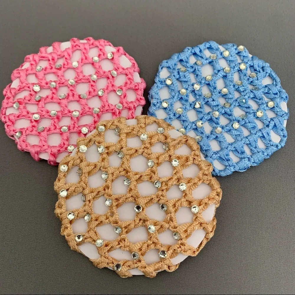 Rhinestone Crochet Bun Covers Dance Ballet Skating